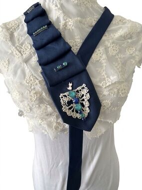 Upcycled Blue Ribbon Necktie with Lace and Jewel Embellishments